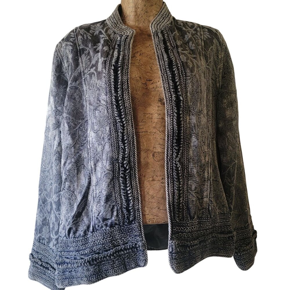 Choices Blue Embroidered Open Front Jacket - Womens Size S - Cotton Blend - Eleg